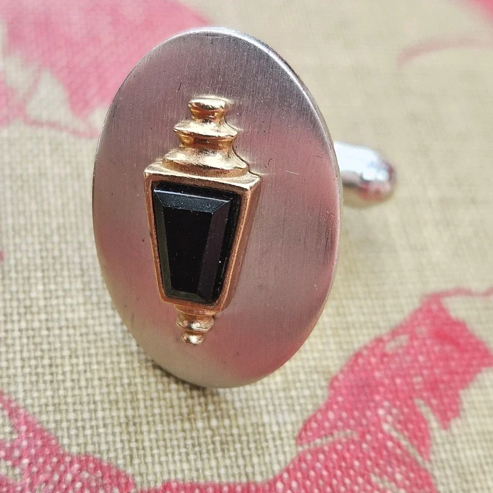 Vintage Lantern Motif Oval Cufflinks Silver Gold Tone Black Stone Mixed Metal
